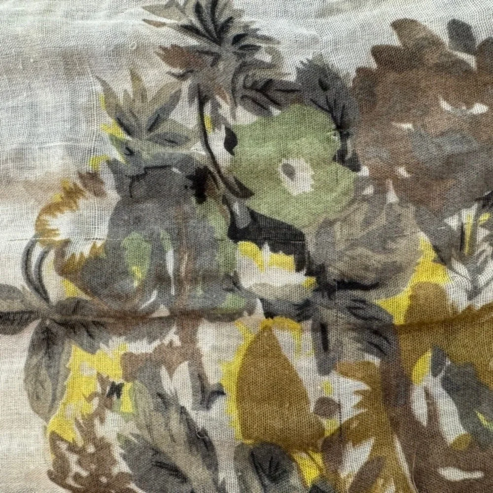 Vintage Floral Print Gauze Scarf Brown Green Yellow Earth Tones Rectangular